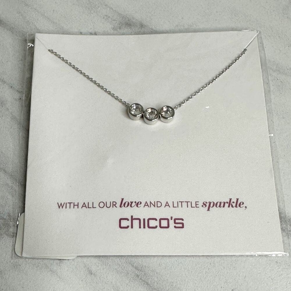 Chicos 3 Diamonte Crystal Station Bezel Necklace Silver Tone NWT Delicate ✨